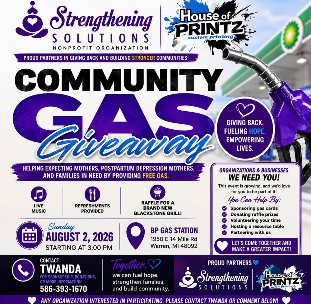 Community Gas Giveaway flyer — Sunday, August 2, 2026 at 3:00 PM, BP Gas Station, 1950 E 14 Mile Rd, Warren, MI 48092