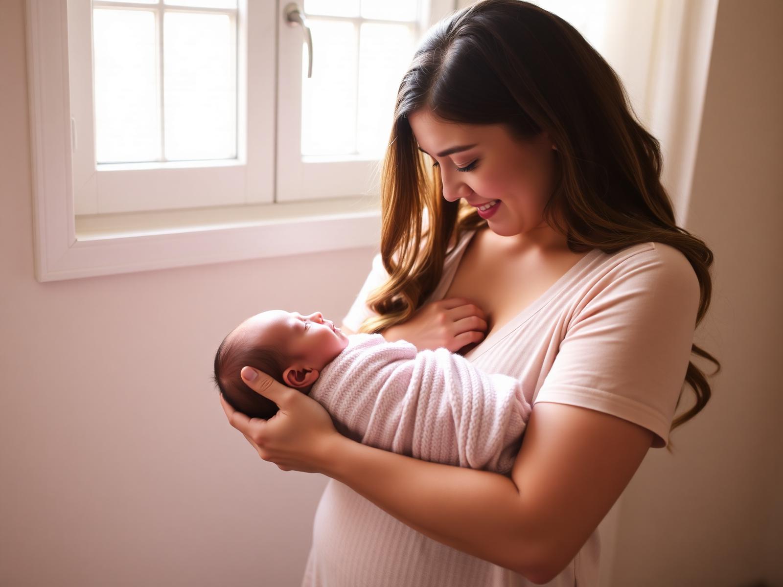 Mother holding her newborn in soft window light